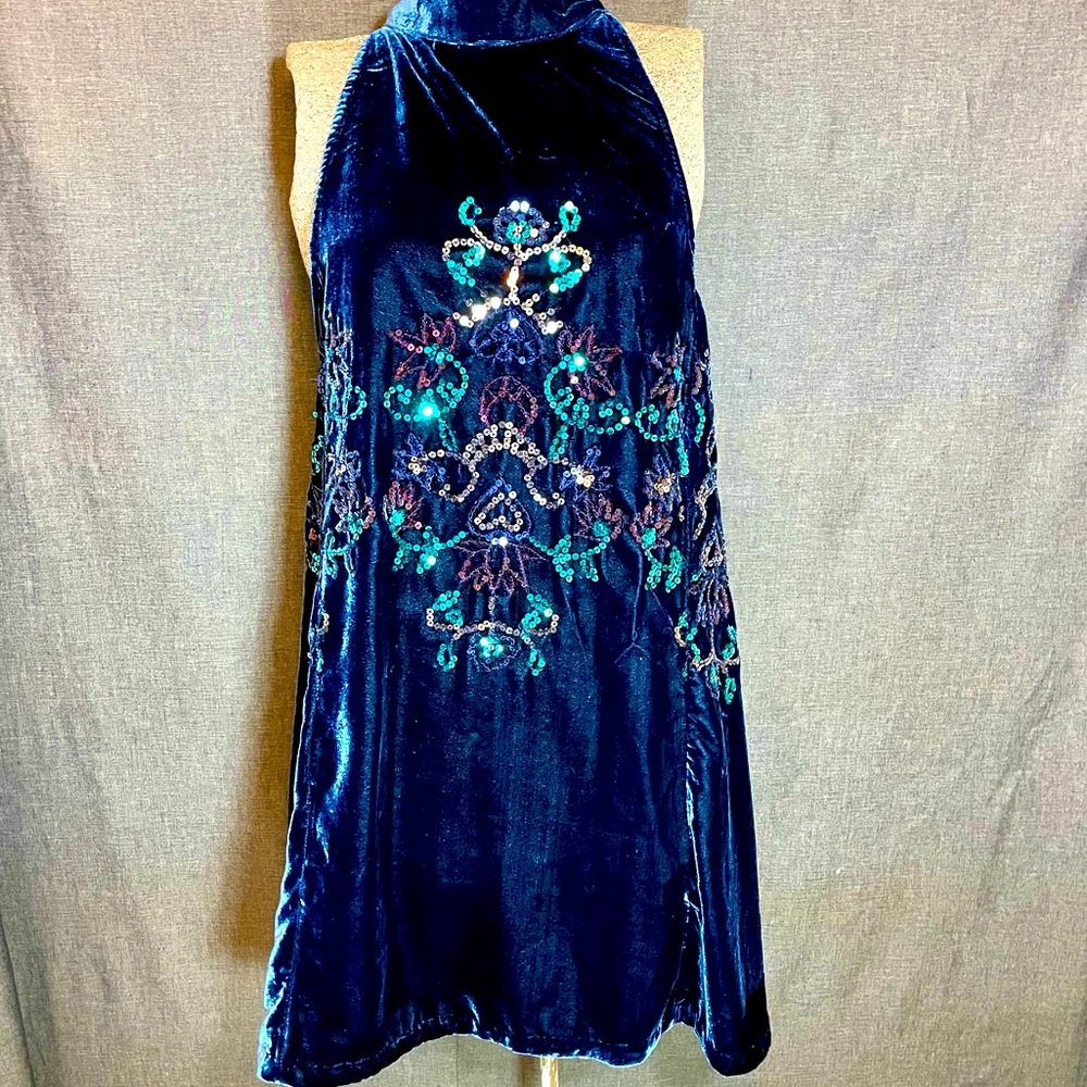 Free People Blue Velvet Sequined Trapeze Dress Sz S